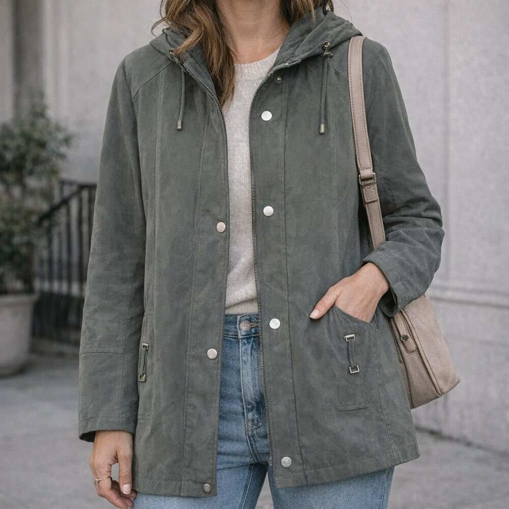 Fen-nelli Women’s Sage Green Suede Feel Hooded Jacket | Size 9/10